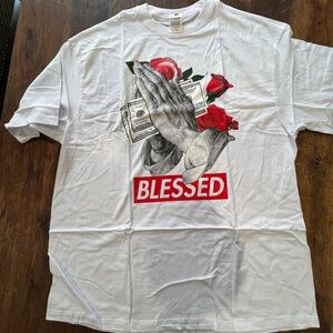 White Graphic Tee with Red 'Blessed' Design